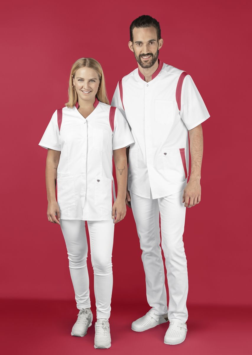 BP stretch dames zorgtuniek wit met coral met V-hals en optimale bewegingsvrijheid