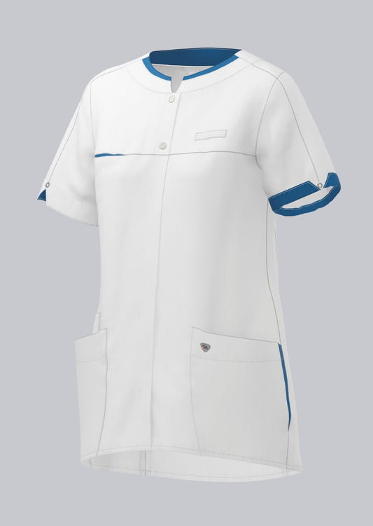 BP dames zorgtuniek met modern fit, drukknoopsluiting, kleuraccenten en smartphonezak voor zorgprofessionals