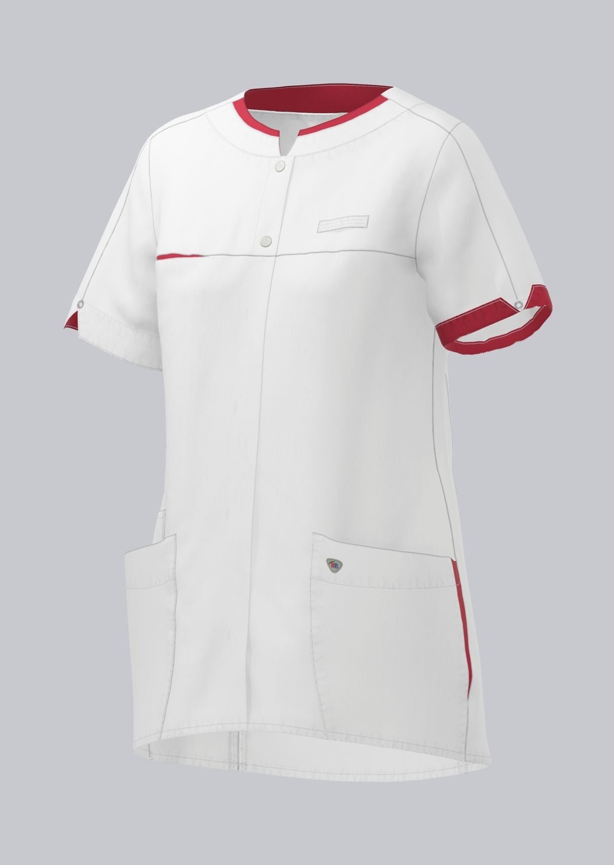 BP dames zorgtuniek met modern fit, drukknoopsluiting, kleuraccenten en smartphonezak voor zorgprofessionals