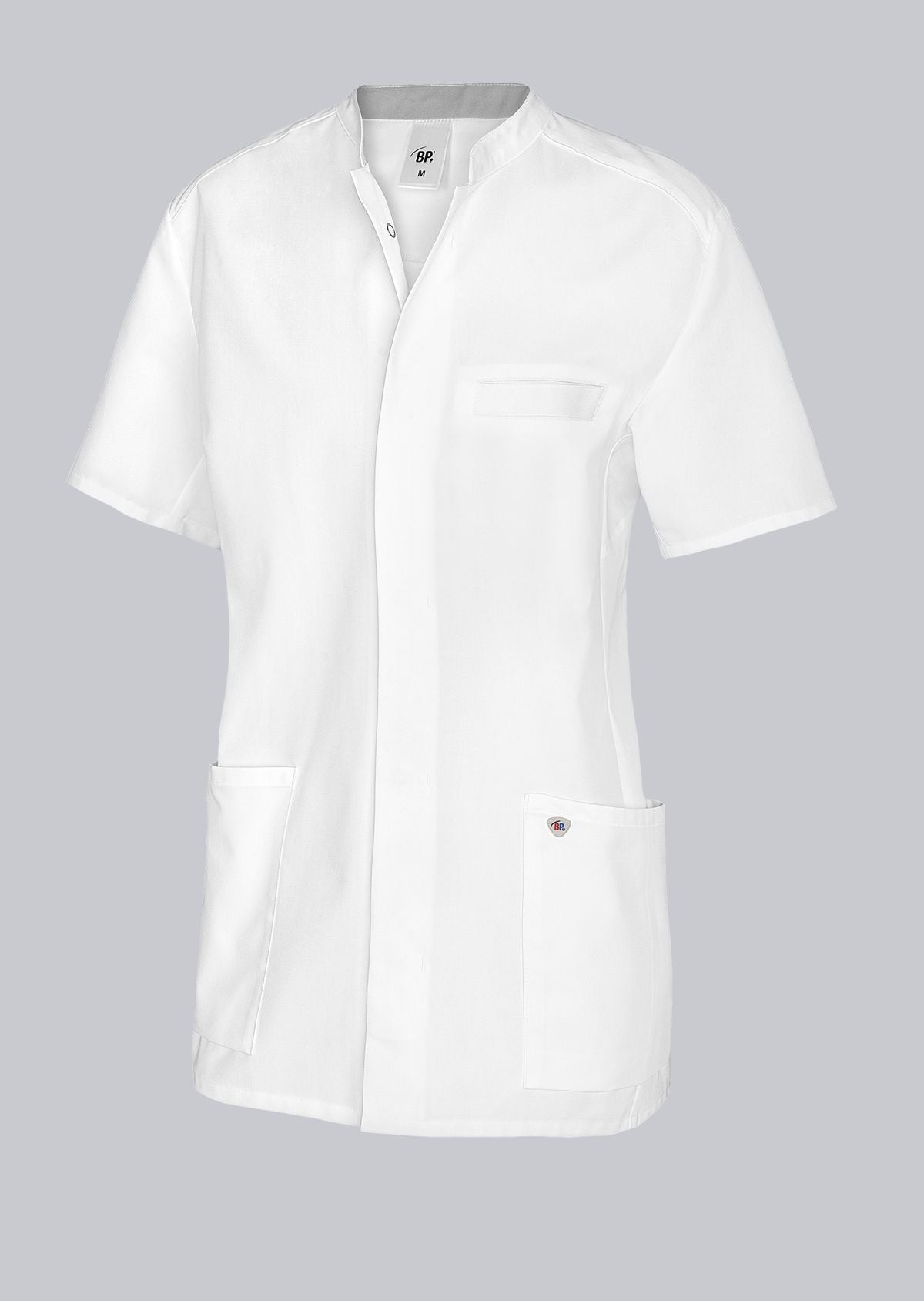 BP heren zorgtuniek met stretchinzetstukken, opstaande kraag en borstzak voor professionele zorgkleding