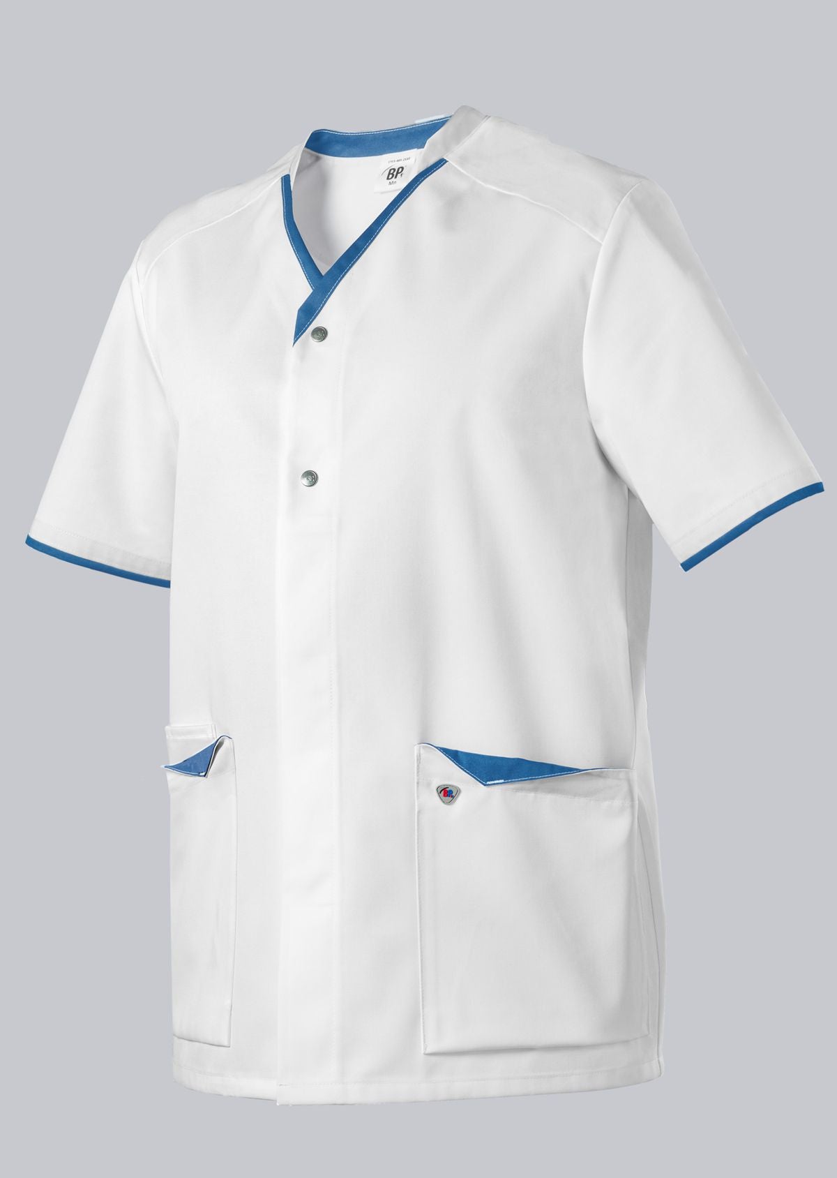 BP unisex zorgtuniek met drukknoopsluiting, smartphonezak en sleutellus voor zorgprofessionals in wit