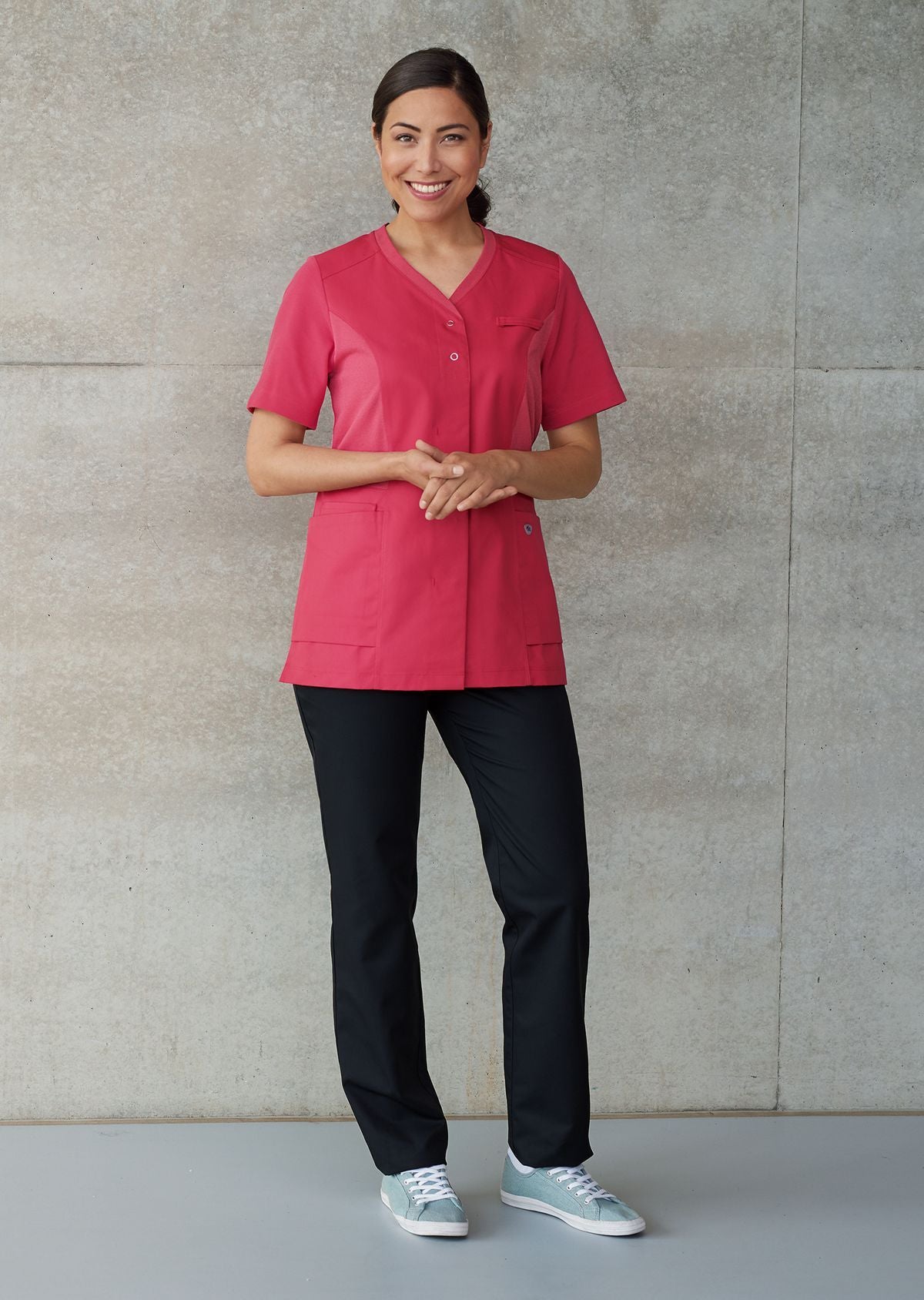 BP dames zorgtuniek met washed look, knoopsluiting en piqué-inzetstukken voor optimale bewegingsvrijheid