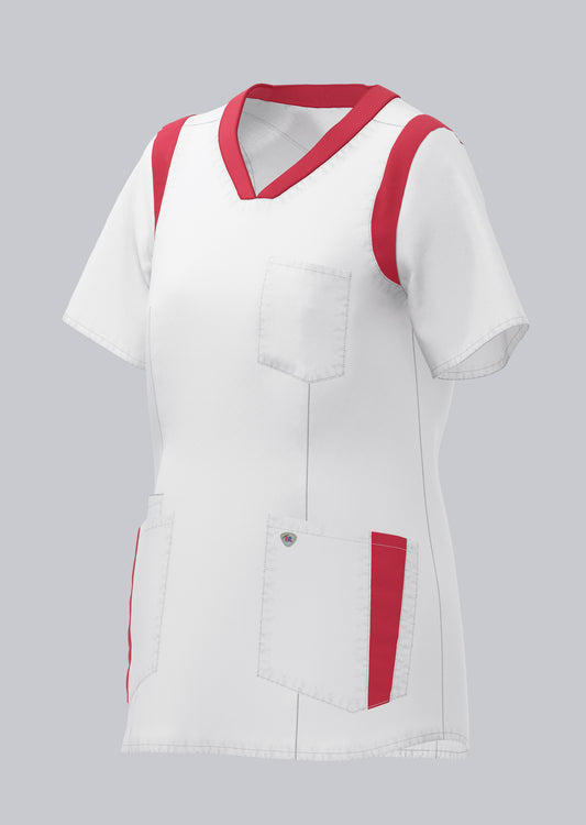 BP lichte dames zorgtuniek wit met coral kleuraccenten en flexibele inzetstukken voor comfort