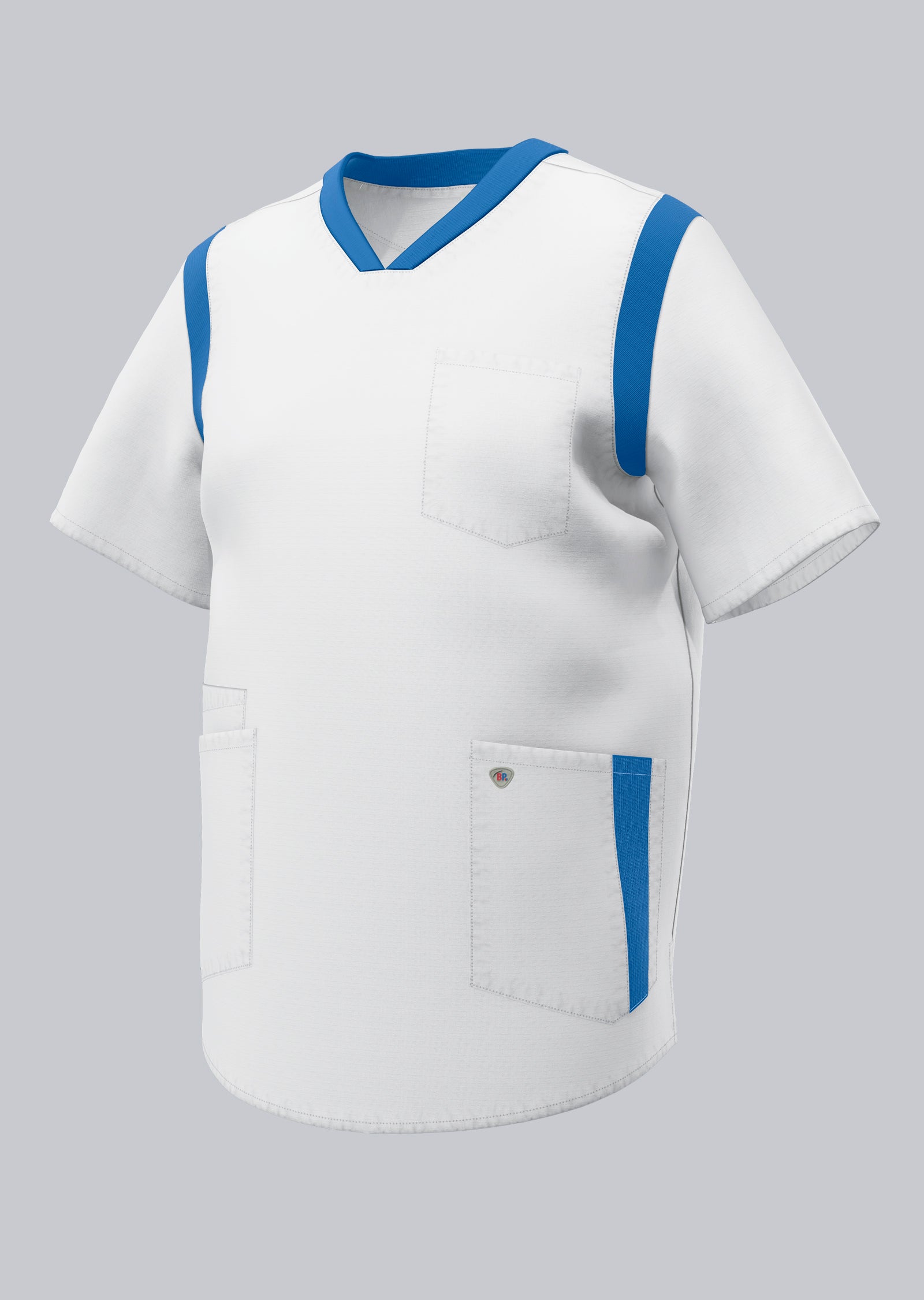 BP lichte unisex zorgtuniek wit met azuurblauw met stretch, smartphonezak en moderne pasvorm