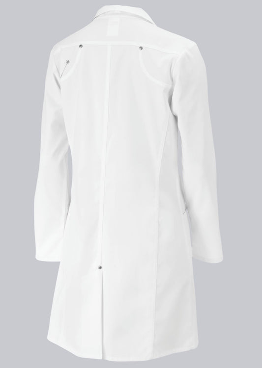 BP lange stretch damesjas met liggende kraag, drukknoopsluiting en elastische stof voor professioneel gebruik