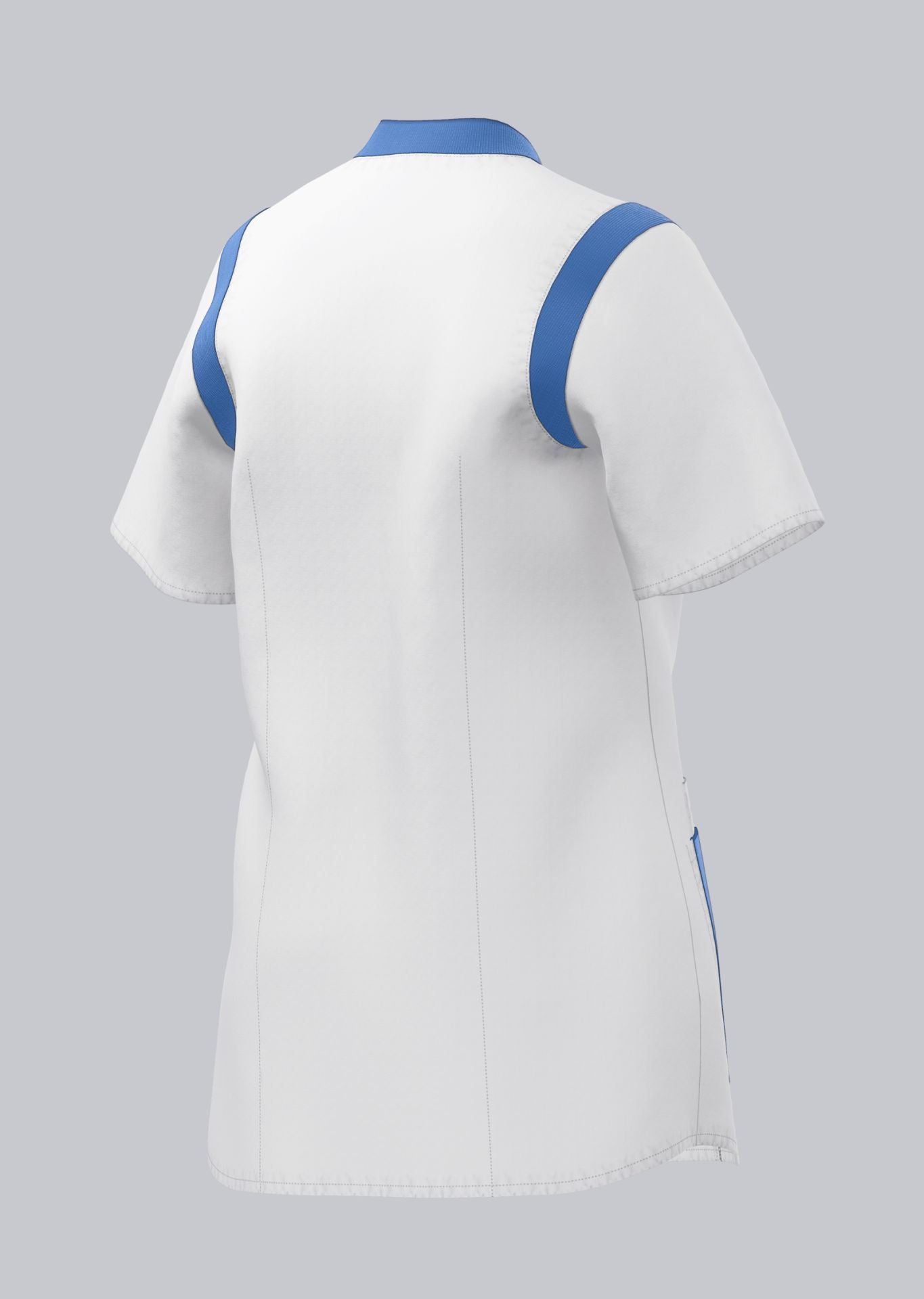 BP stretch dames zorgtuniek wit met azuurblauw met ademende stof en flexibele inzetstukken