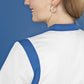 BP stretch dames zorgtuniek wit met azuurblauw met ademende stof en flexibele inzetstukken