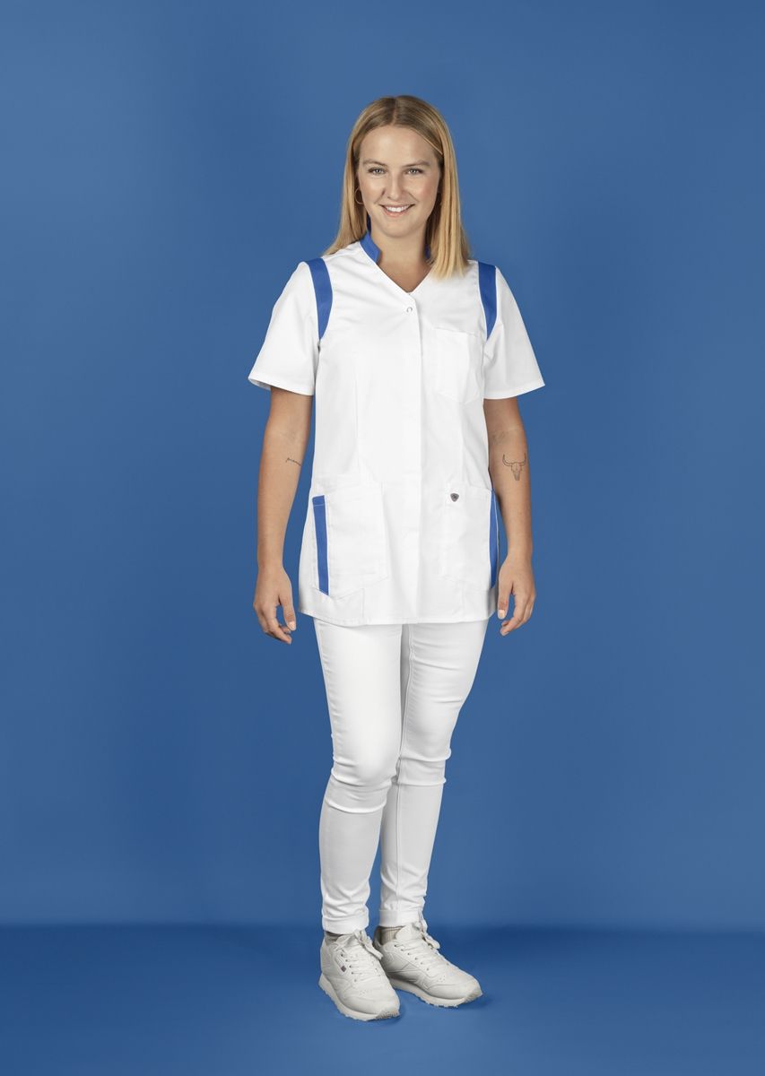 BP stretch dames zorgtuniek wit met azuurblauw met ademende stof en flexibele inzetstukken