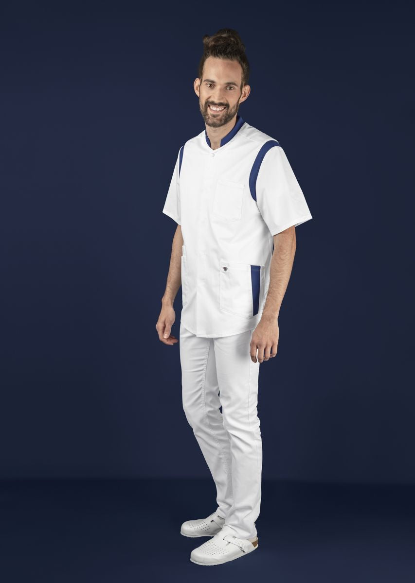 BP stretch dames zorgtuniek wit met nachtblauw met drukknoopsluiting en moderne pasvorm