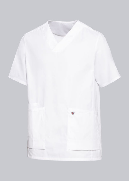 BP lichte unisex zorgtuniek in wit met stretchstof, V-hals zonder inkijk en ademend lichtgewicht ontwerp