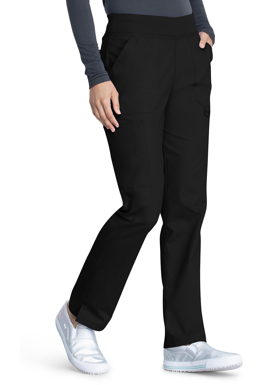 Pull-on broek met middelhoge taille en taps toelopende pijpen met elastische tailleband en cargozakken
