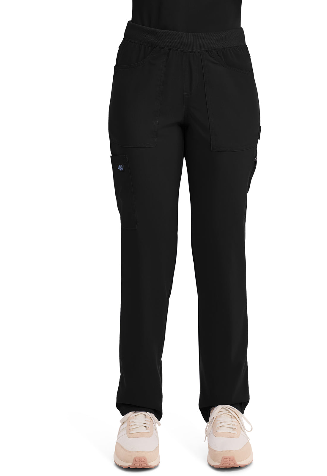 Mid-rise taps toelopende pull-on broek dames met elastische tailleband en stretchstof