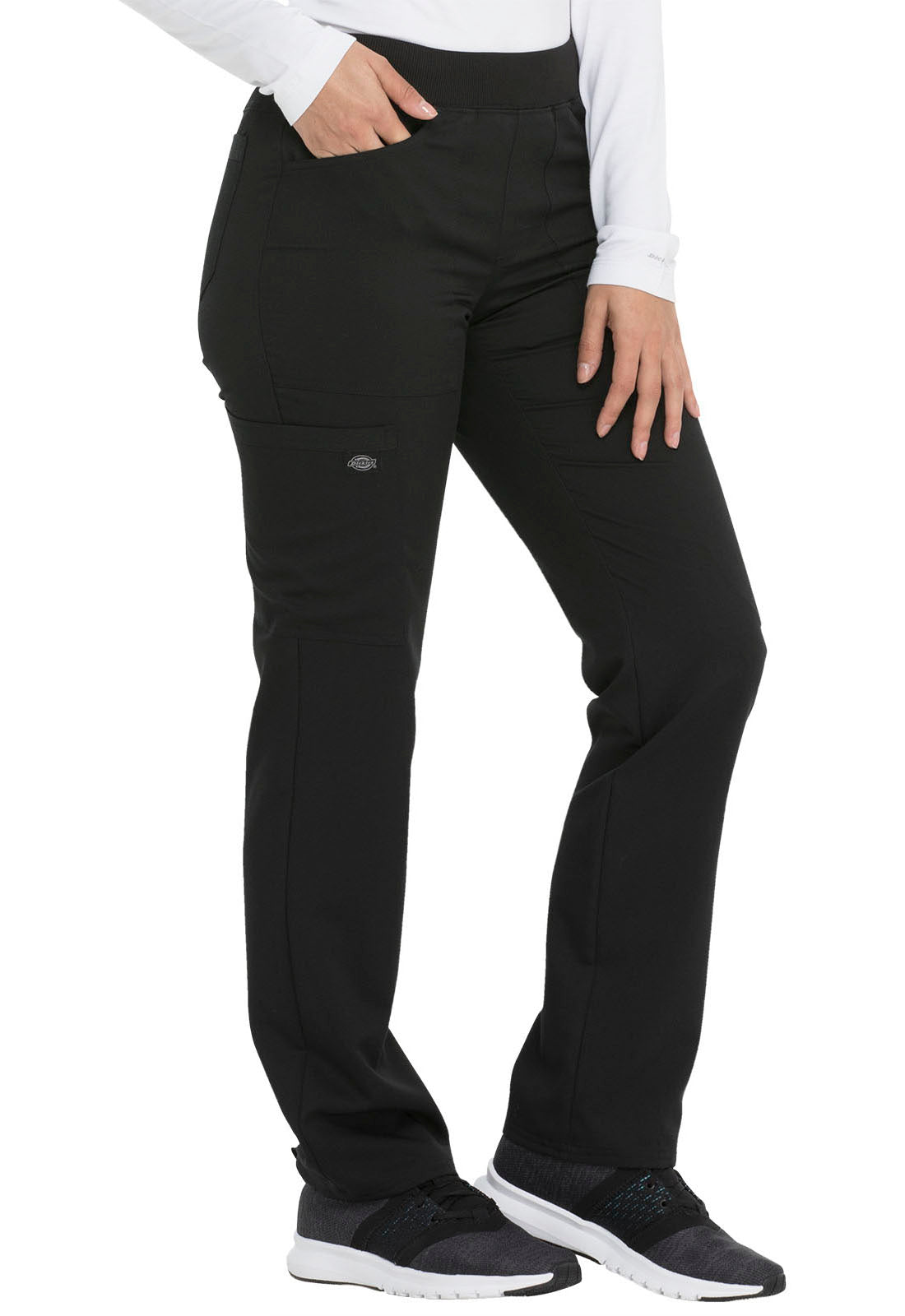 Mid-rise taps toelopende pull-on broek dames met elastische tailleband en stretchstof