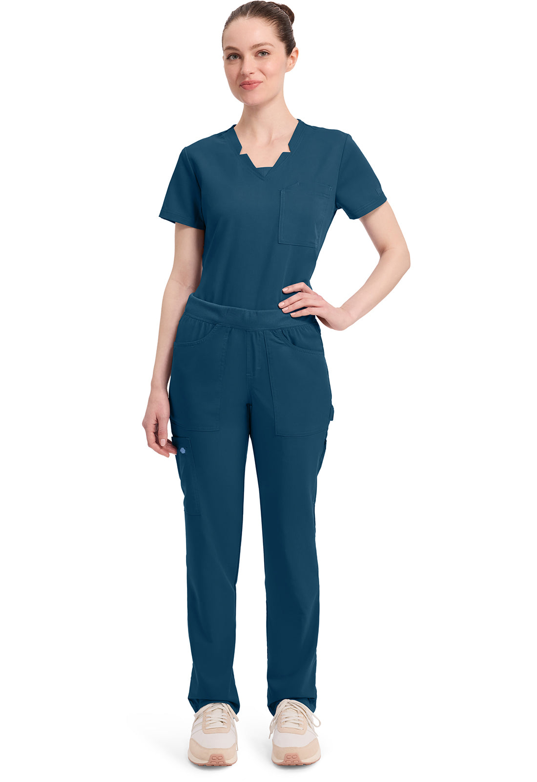 Mid-rise taps toelopende pull-on broek dames met elastische tailleband en stretchstof