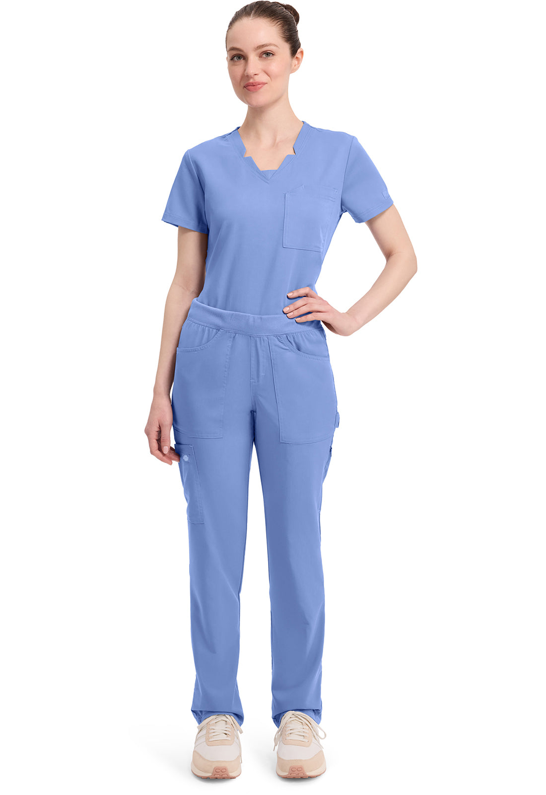 Mid-rise taps toelopende pull-on broek dames met elastische tailleband en stretchstof