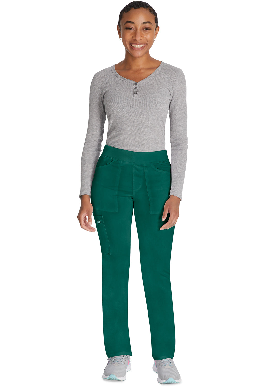 Mid-rise taps toelopende pull-on broek dames met elastische tailleband en stretchstof