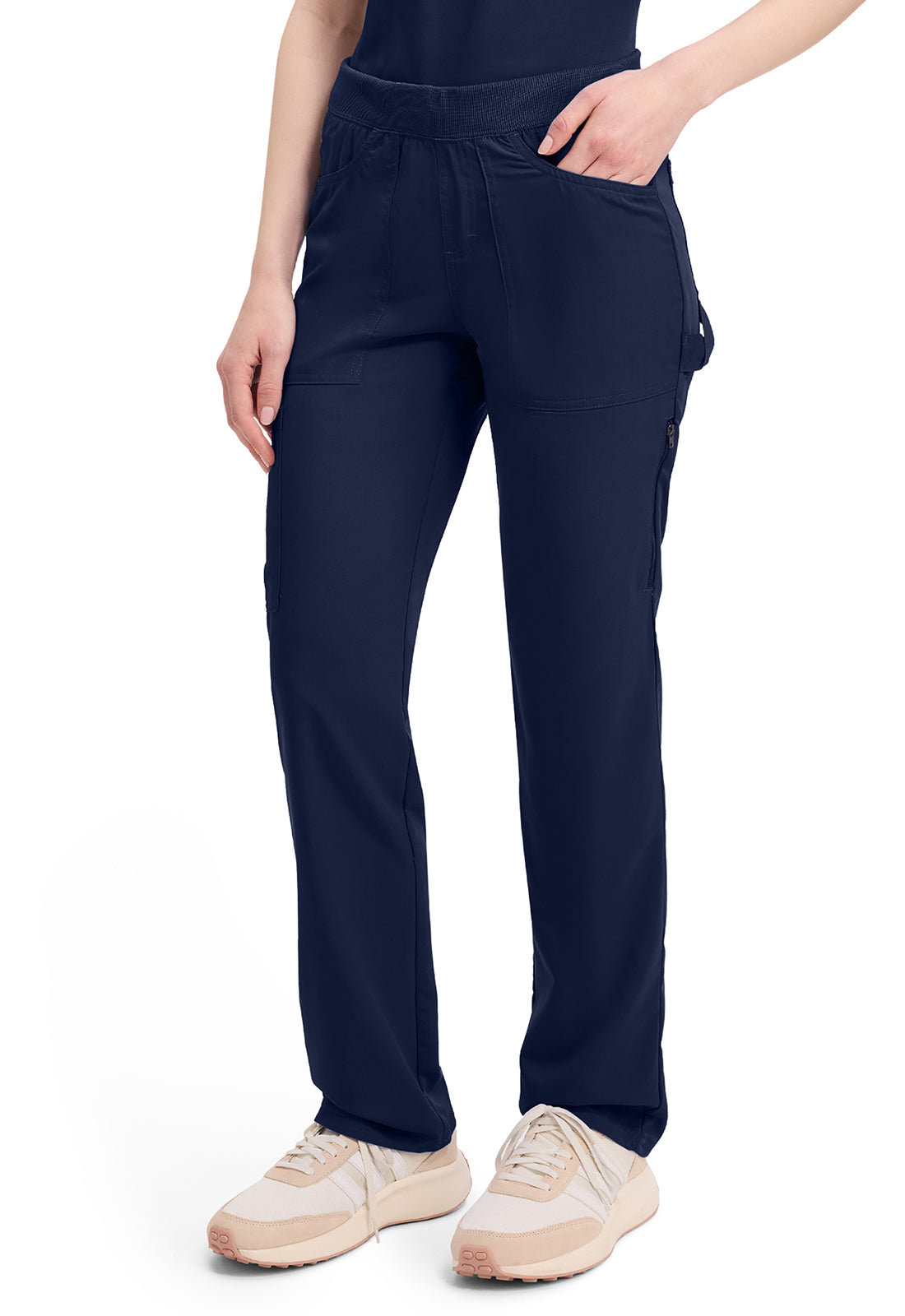 Mid-rise taps toelopende pull-on broek dames met elastische tailleband en stretchstof