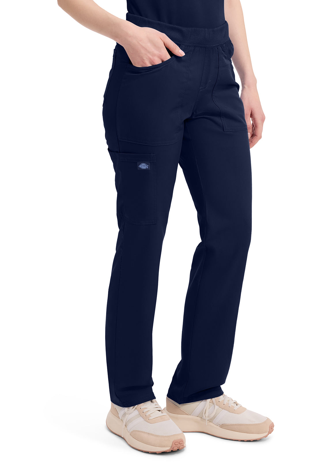 Mid-rise taps toelopende pull-on broek dames met elastische tailleband en stretchstof