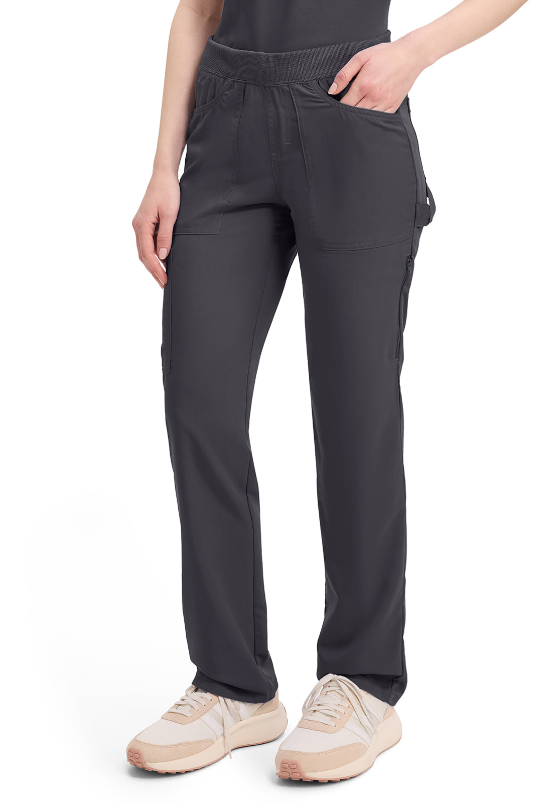 Mid-rise taps toelopende pull-on broek dames met elastische tailleband en stretchstof