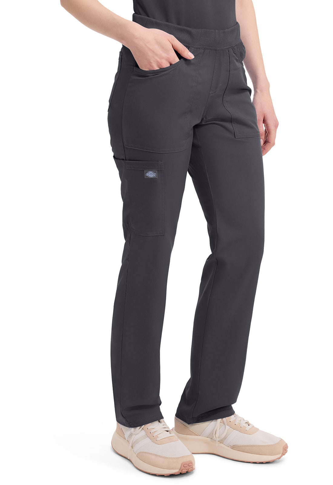 Mid-rise taps toelopende pull-on broek dames met elastische tailleband en stretchstof