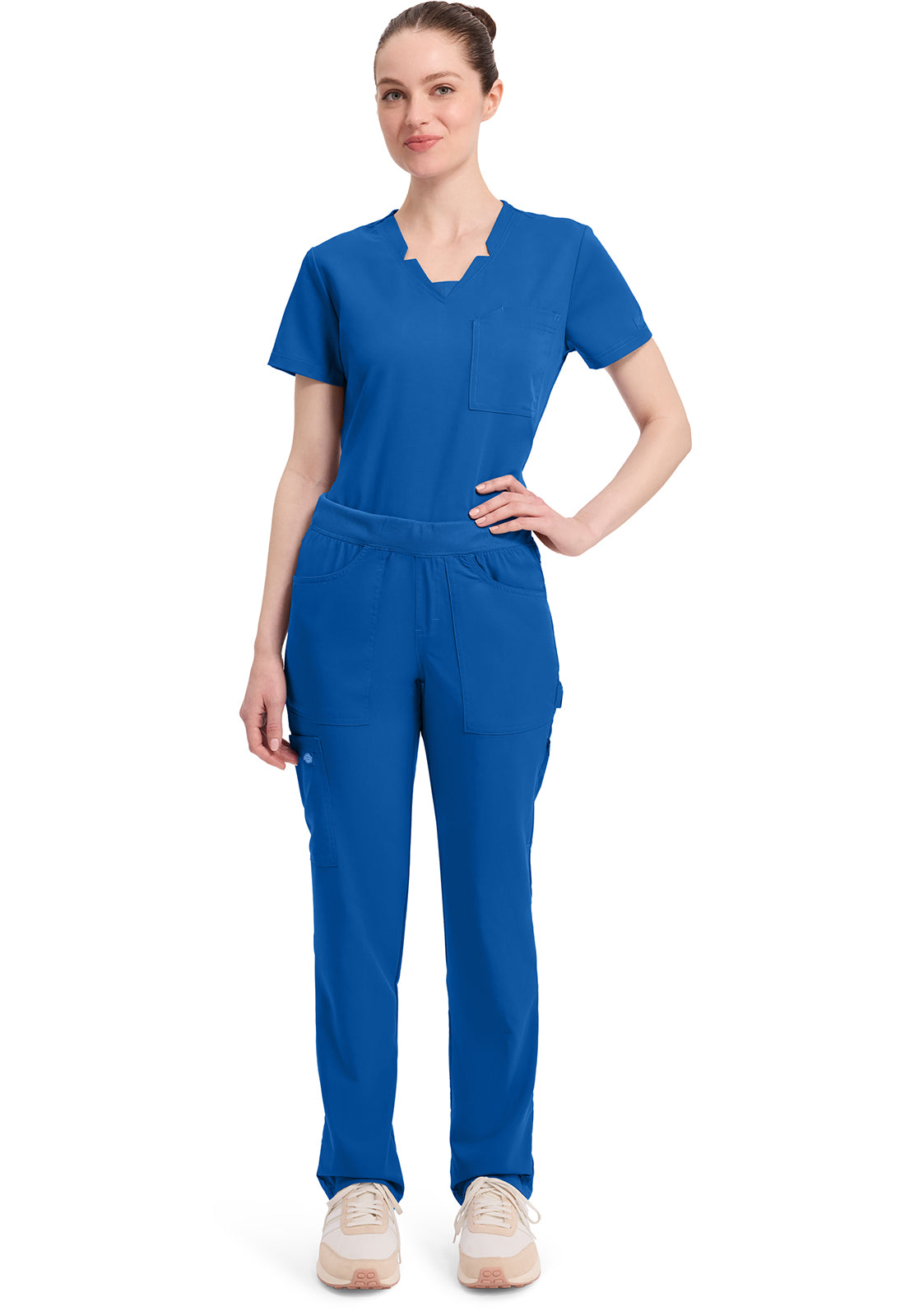Mid-rise taps toelopende pull-on broek dames met elastische tailleband en stretchstof
