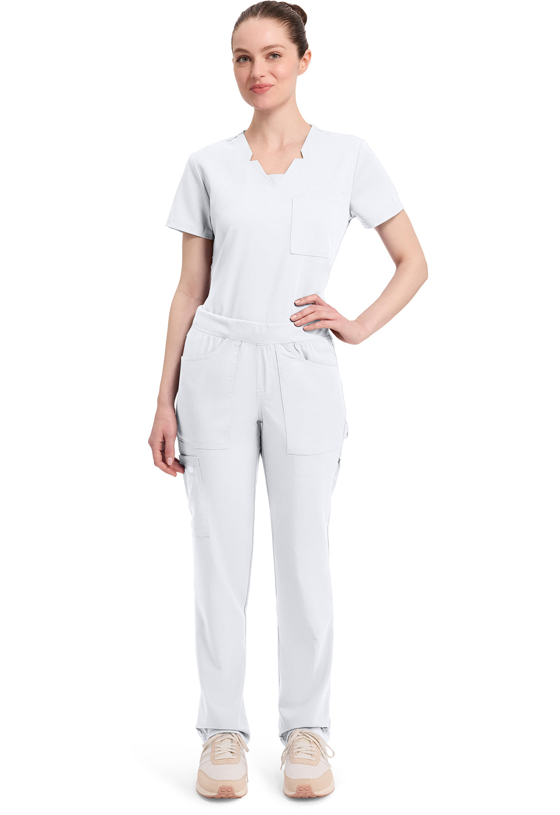Mid-rise taps toelopende pull-on broek dames met elastische tailleband en stretchstof