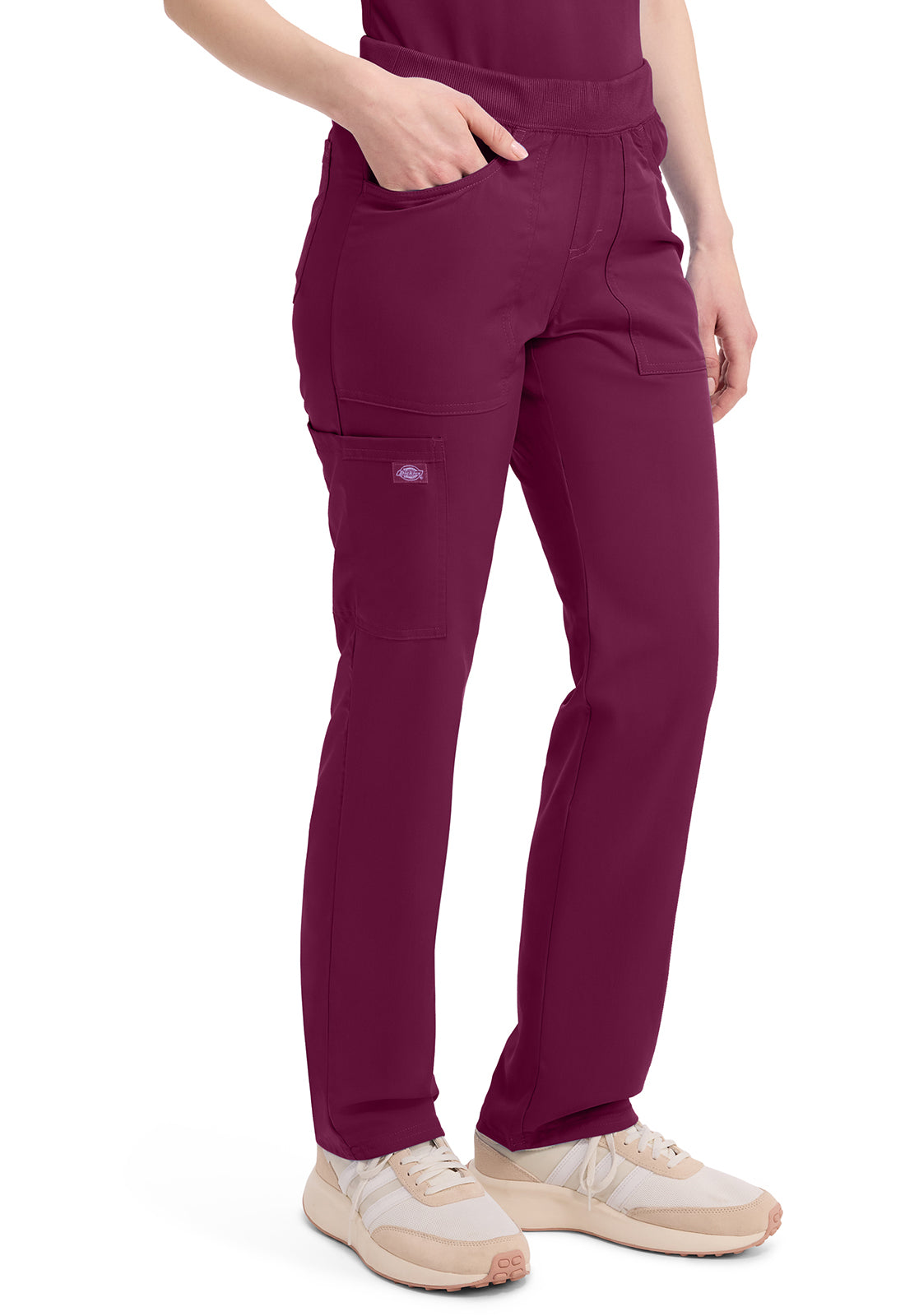 Mid-rise taps toelopende pull-on broek dames met elastische tailleband en stretchstof