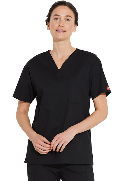 Unisex top met V-hals die in de broek gedragen kan worden met borstzak en zijsplitten