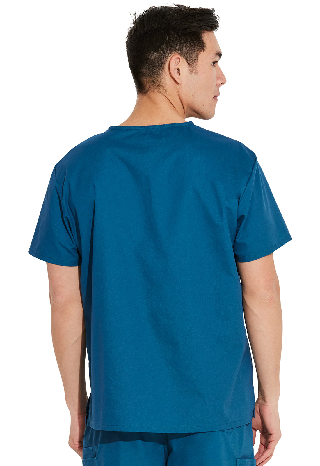 Unisex top met V-hals die in de broek gedragen kan worden met borstzak en zijsplitten