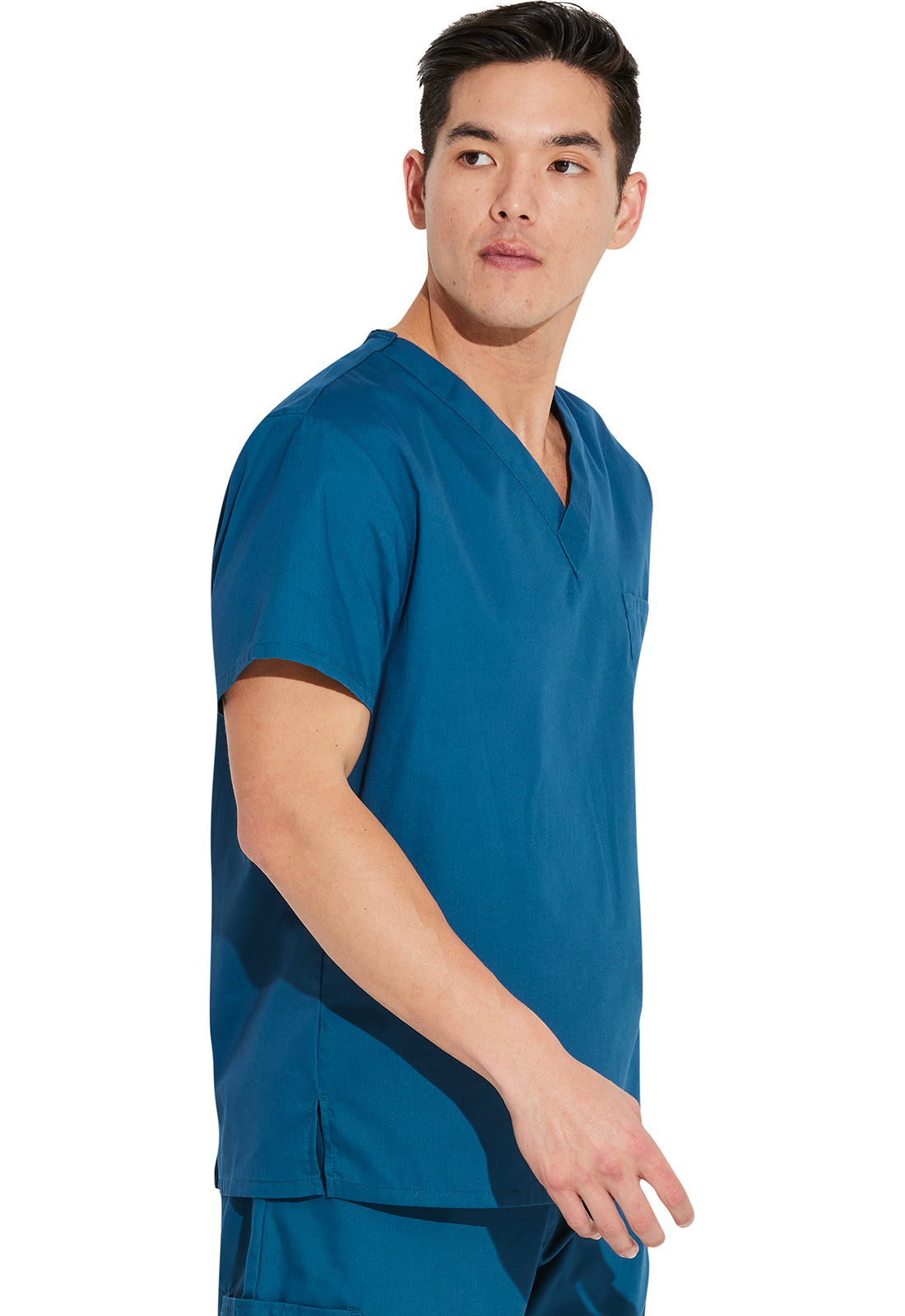 Unisex top met V-hals die in de broek gedragen kan worden met borstzak en zijsplitten