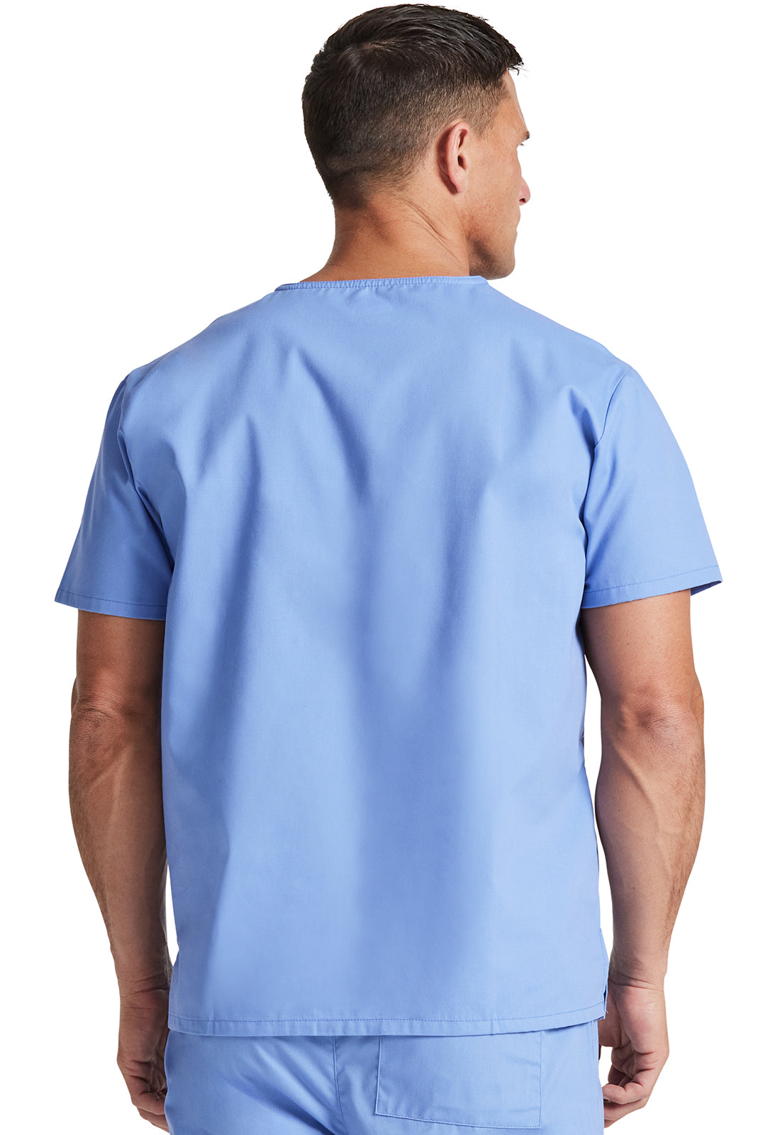 Unisex top met V-hals die in de broek gedragen kan worden met borstzak en zijsplitten