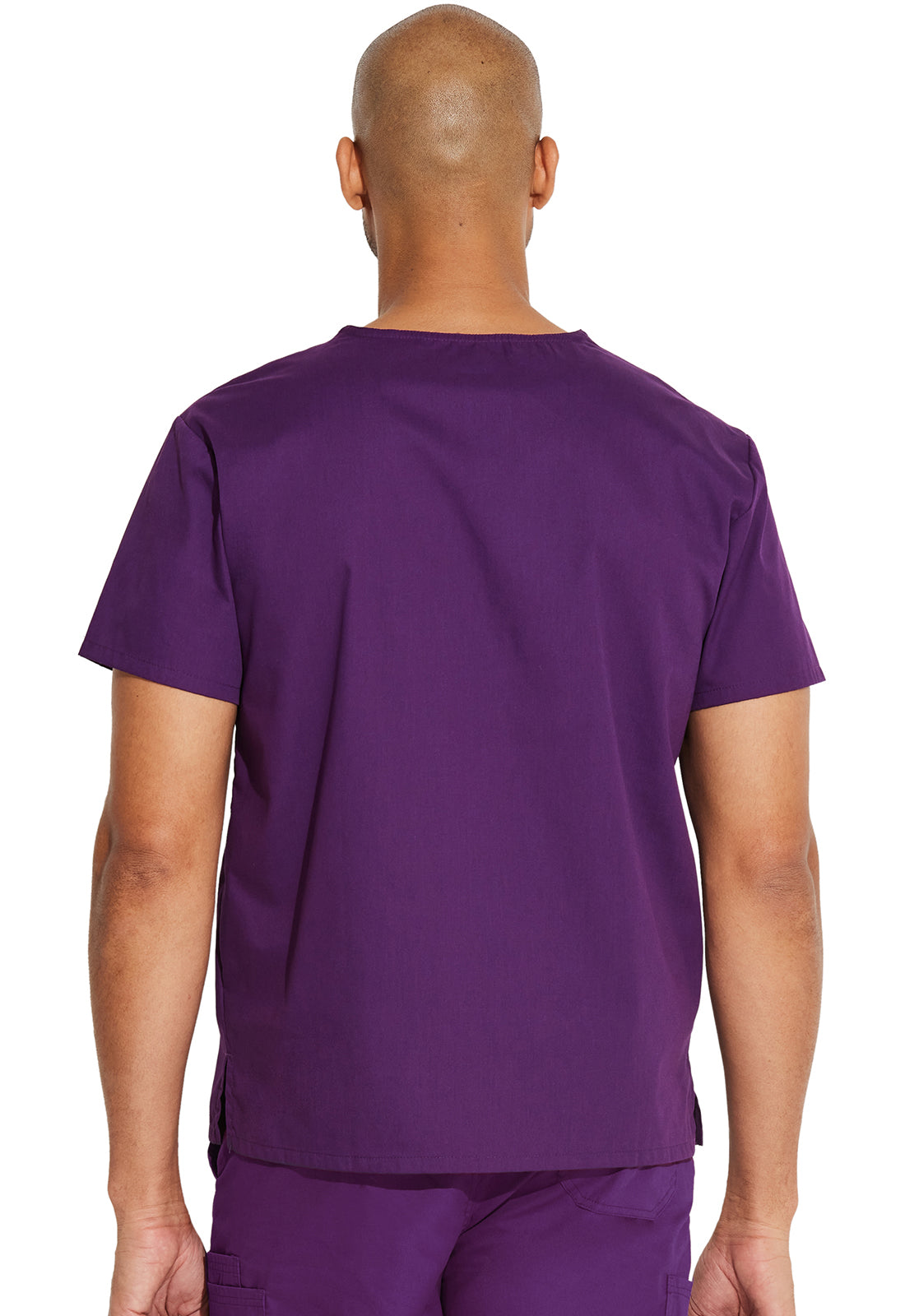 Unisex top met V-hals die in de broek gedragen kan worden met borstzak en zijsplitten