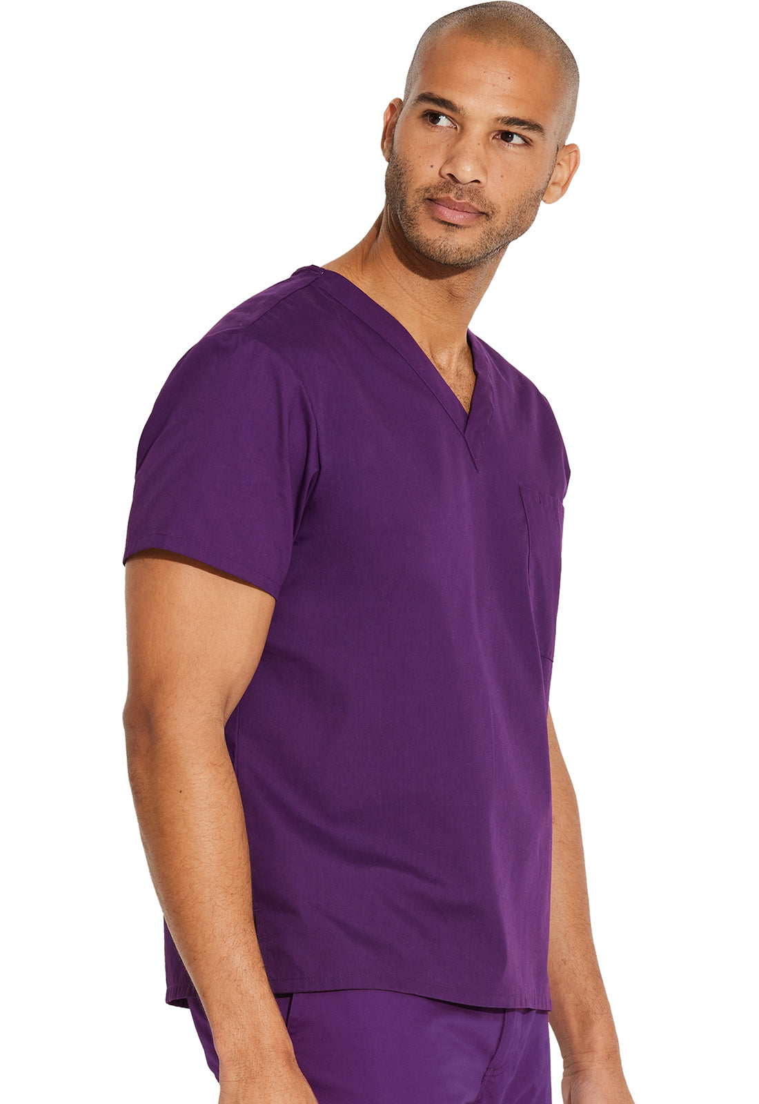 Unisex top met V-hals die in de broek gedragen kan worden met borstzak en zijsplitten
