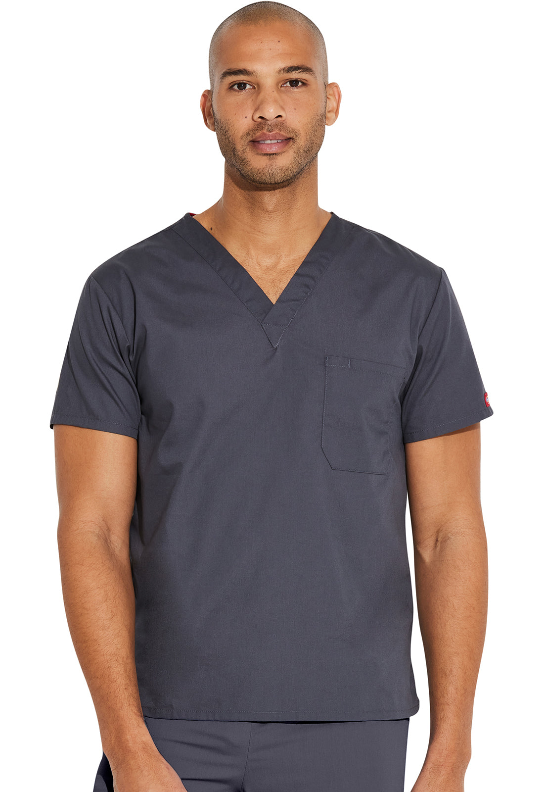 Unisex top met V-hals die in de broek gedragen kan worden met borstzak en zijsplitten