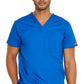 Unisex top met V-hals die in de broek gedragen kan worden met borstzak en zijsplitten