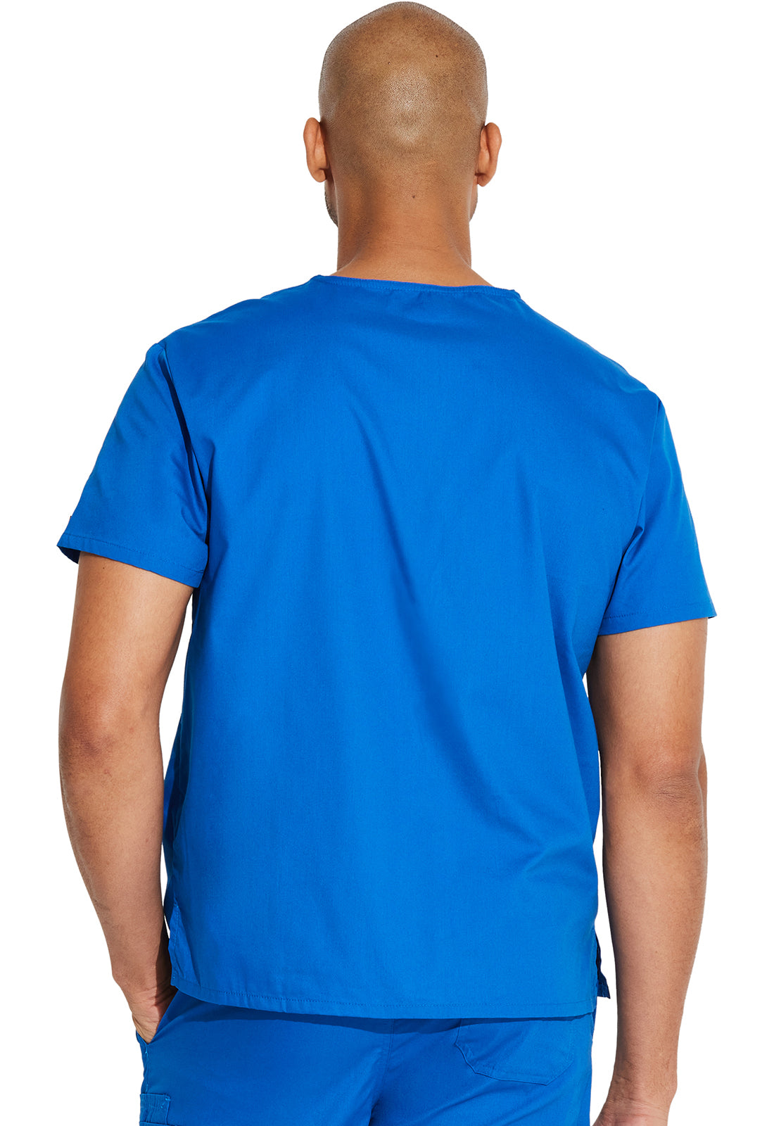 Unisex top met V-hals die in de broek gedragen kan worden met borstzak en zijsplitten