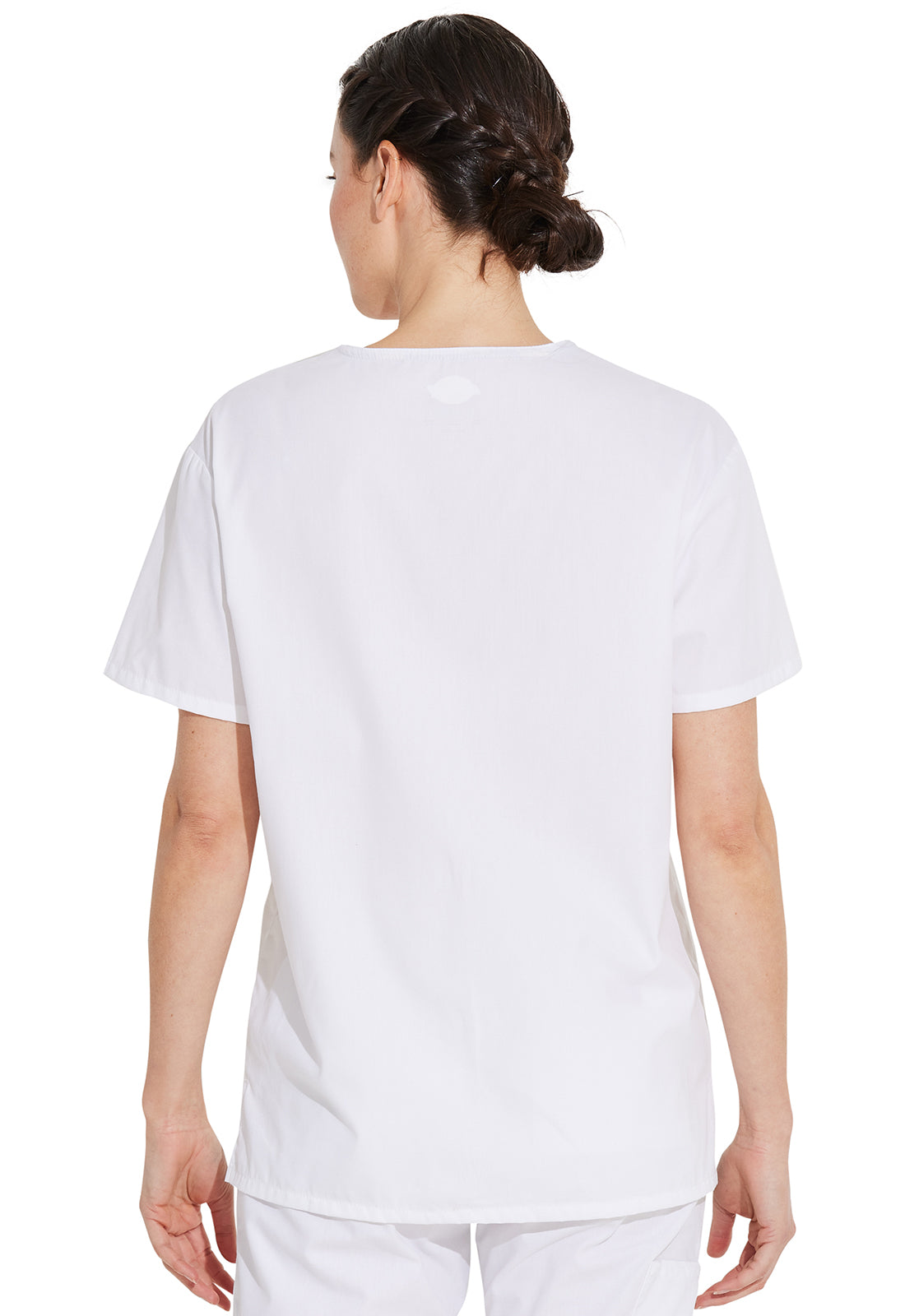 Unisex top met V-hals die in de broek gedragen kan worden met borstzak en zijsplitten