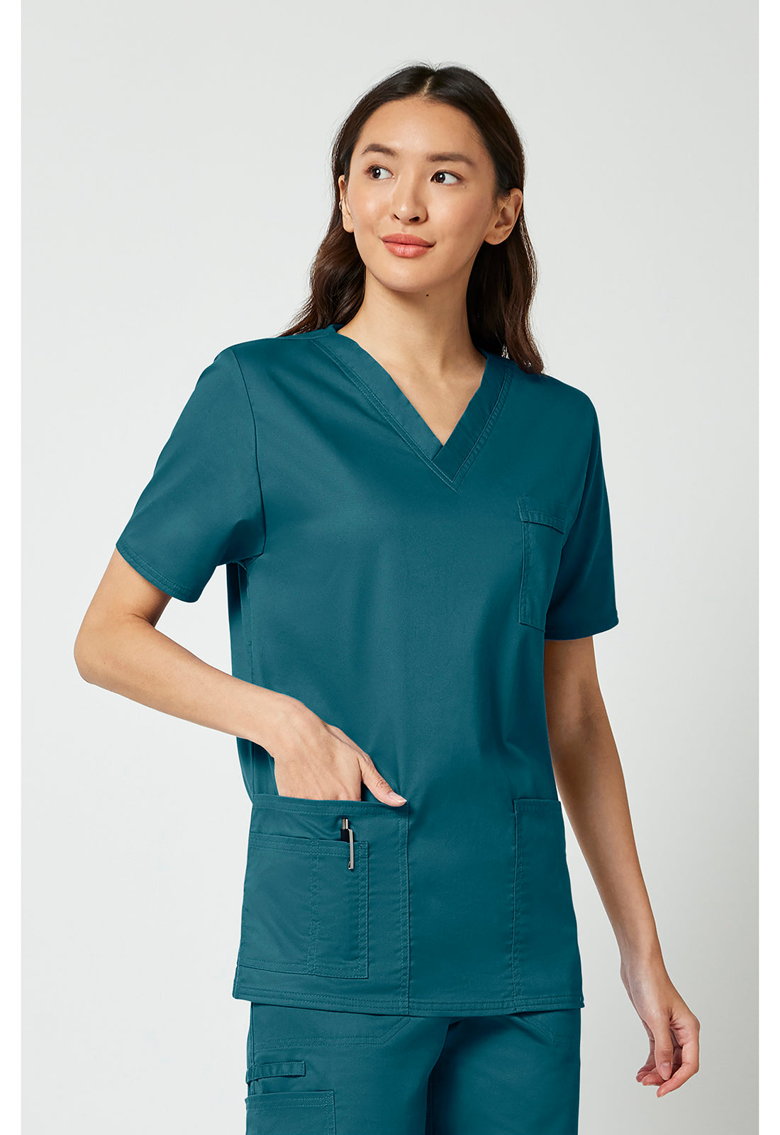 Unisex V-hals top met traditionele pasvorm en 2-way stretch