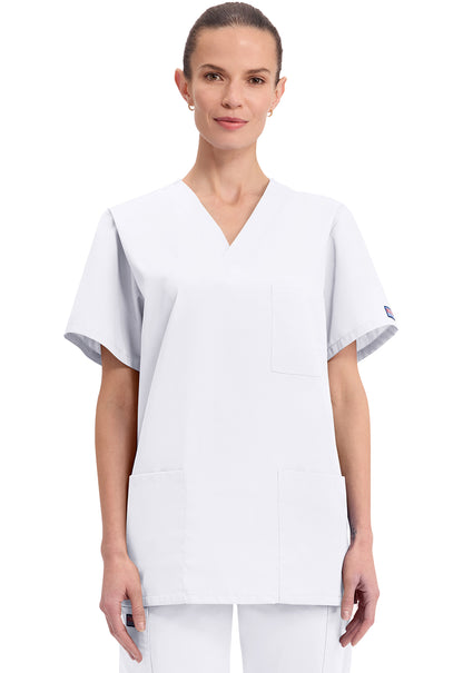 Unisex V-hals top met traditionele pasvorm en borstzak